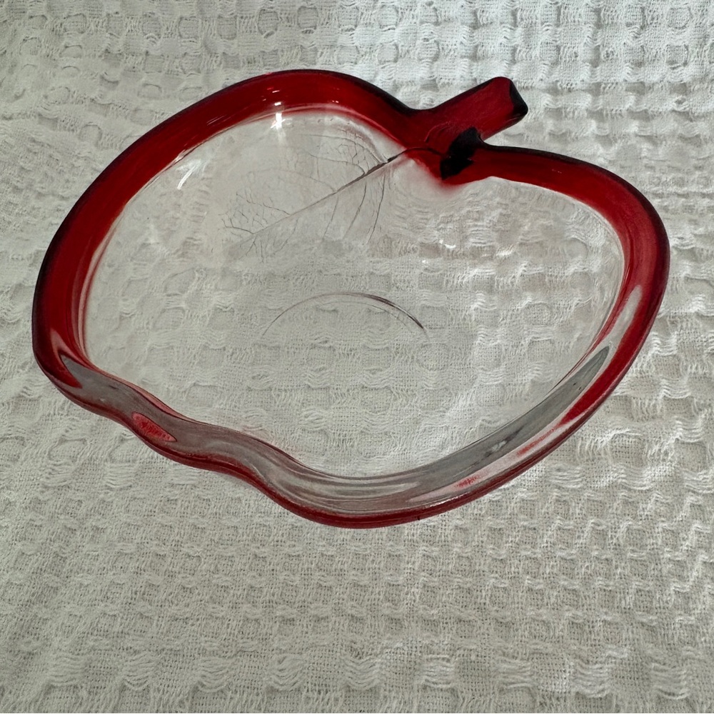 Apple Shaped Glass Dish with Red Rim and Etched Leaf Design